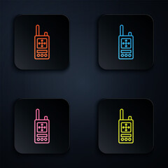 Color neon line Walkie talkie icon isolated on black background. Portable radio transmitter icon. Radio transceiver sign. Set icons in square buttons. Vector