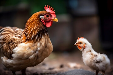 Brown daddy rooster teaches little fluffy chick. Education and learning, parents and children, teacher and student. Generative AI