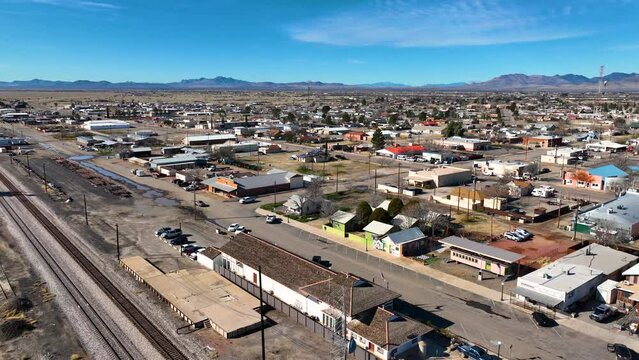 Aerial view of Willcox on Railroad Avenue at W Maley Street in historic city center of Willcox, Arizona AZ, USA. 