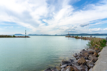 Fototapeta premium two piers on Balatonlelle at Lake Balaton south coast