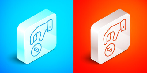 Isometric line Donate or pay your zakat as muslim obligatory icon isolated on blue and red background. Muslim charity or alms in ramadan kareem before eid al-fir. Silver square button. Vector