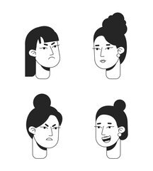 Women emotions monochrome flat linear character heads set. Grumpy, happy feelings. Editable outline people icons. Line users faces. 2D cartoon spot vector avatar illustration pack for animation
