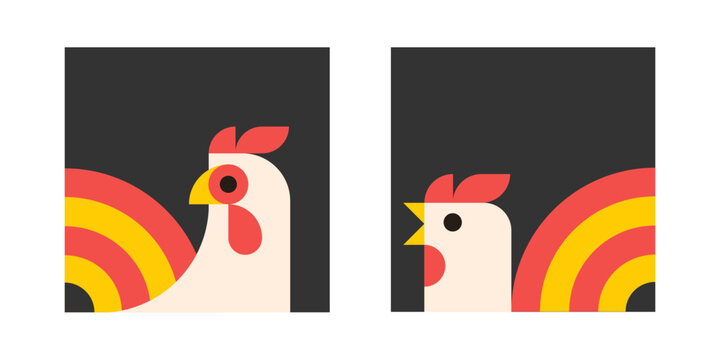 Farm bird. Contour geometric  illustration with rooster head. Vector print for poster, packaging  and banner.