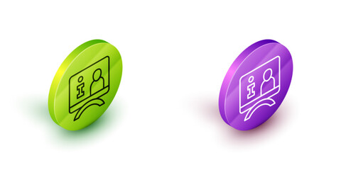 Isometric line Television report icon isolated on white background. TV news. Green and purple circle buttons. Vector