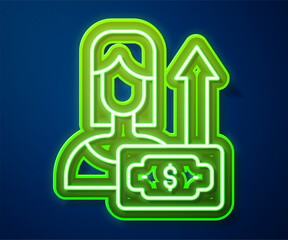 Glowing neon line Money growth woman icon isolated on blue background. Income concept. Business growth. Investing, savings and managing money concept. Vector