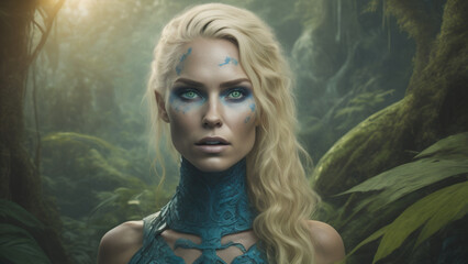 Avatar style woman with blond hair on jungle background. Generative AI