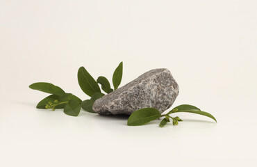 Stone platform podium with leaf on light background. Minimal empty display product presentation scene.