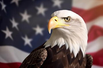Head of Bald Eagle bird in front of American flag. Generative AI illustration