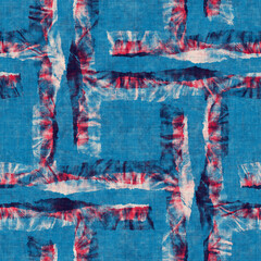 Beige, Blue and Red Tie-Dye Effect Textured Geometric Pattern