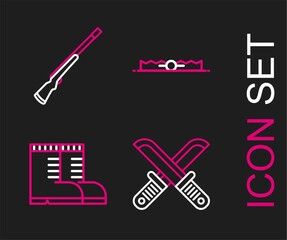 Set line Crossed hunter knife, Hunter boots, Trap hunting and Hunting gun icon. Vector