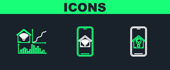 Set line Mobile phone with smart house and light bulb, Smart home wi-fi and icon. Vector