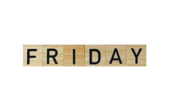 The word Friday in wooden letters , in png format without background. Concept plan, weekend, holiday, business, vacation, calendar, copy space, poster, shopping, travel,mock up,market,card,text,design