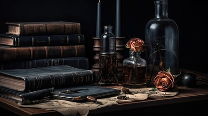 Fototapeta na wymiar A table topped with books and a vase filled with flowers. Generative AI. Dark academia style, victorian style mansion interior design with wooden stairs.
