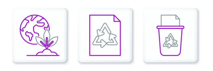 Set line Recycle bin with recycle symbol, Earth globe and plant and Paper icon. Vector