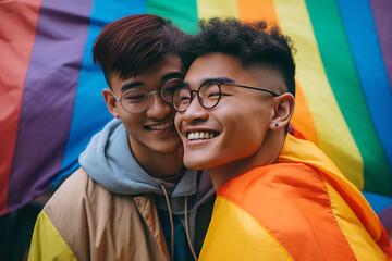 Young adult gay asian couple smiling in front of pride flag - Generative AI - obrazy, fototapety, plakaty