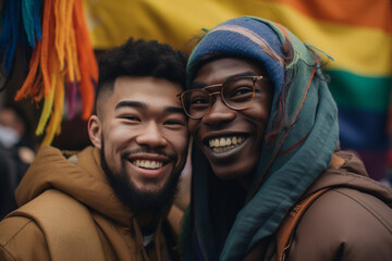 young adult gay black couple wrapped in pride flag - Generative AI - obrazy, fototapety, plakaty