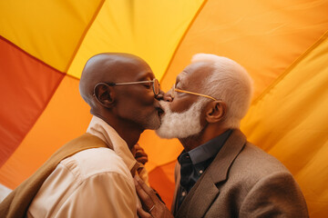 Elderly black couple embracing in front of pride flag - obrazy, fototapety, plakaty