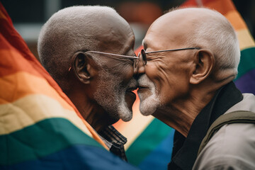 Elderly black couple embracing in front of pride flag - obrazy, fototapety, plakaty
