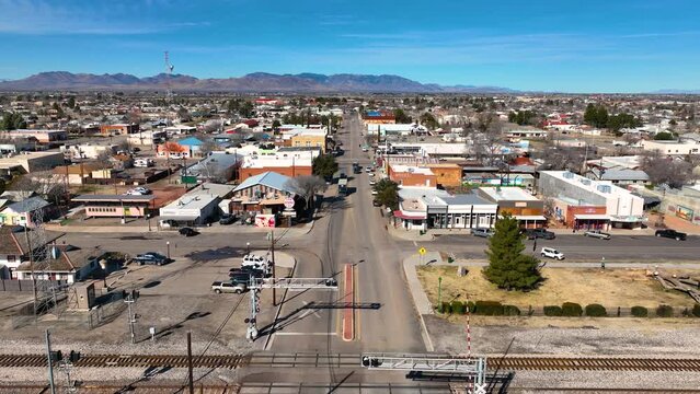 Aerial view of Willcox on Railroad Avenue at W Maley Street in historic city center of Willcox, Arizona AZ, USA. 