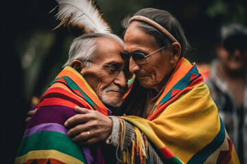 2 elderly native amerivan men embracing in pride flag - Generative AI - obrazy, fototapety, plakaty