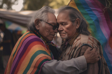 2 elderly native amerivan men embracing in pride flag - Generative AI - obrazy, fototapety, plakaty