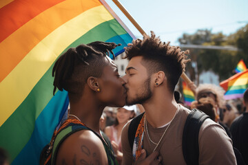 interracial young adult gay couple kissing in front of pride flag - Generative AI - obrazy, fototapety, plakaty