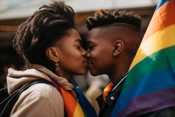 Pride month, young adult gay black couple kissing in front of pride flag - Generative AI