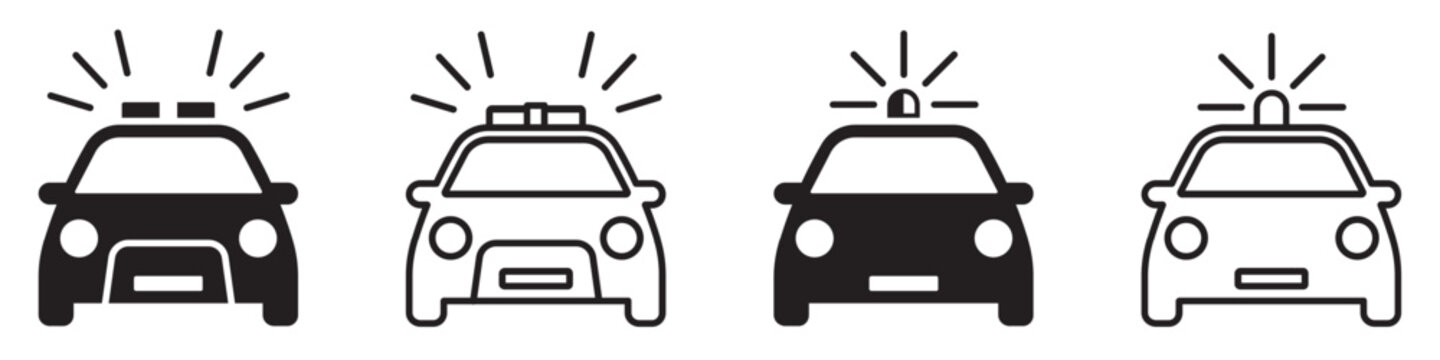 Set of police cars icons. Patrol car, siren light, sheriff car, emergency flashing siren, police. Vector illustration.