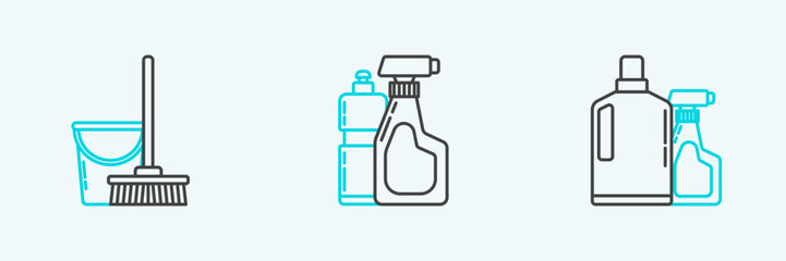 Set line Plastic bottles for liquid dishwashing liquid, Mop and bucket and icon. Vector