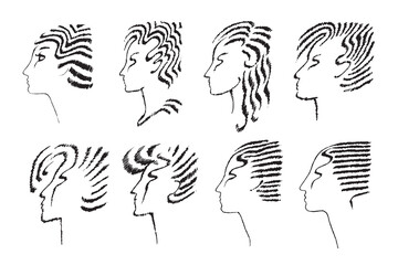Set of female faces hand-drawn doodle. Woman profile with hairstyle. Suitable for barbershop design. Vector illustration.