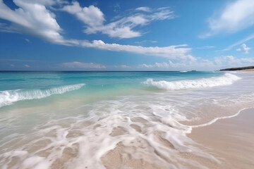 Fototapeta na wymiar Beautiful sand beach with blue ocean. Generative AI illustration