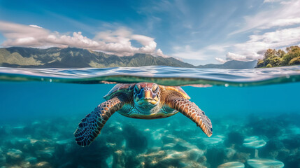 Obraz premium Turtle underwater. Illustration AI Generative.