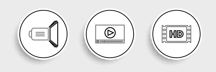 Set line 4k movie, tape, frame, Movie spotlight and Online play video icon. Vector