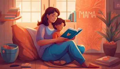Fototapeten Mother's day greeting card. wam illustration of mama and daughter reading a book in mothers day. © Studiohood