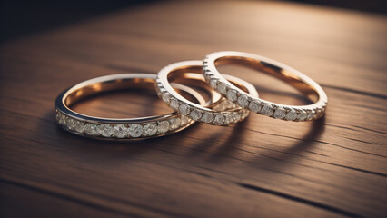 Wedding diamond ring on wooden table. Generative AI