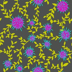 Seamless abstract floral pattern. Simple background with blue, purple flowers, khaki leaves. Digital botanical background. Design for textile fabrics, wrapping paper, background, wallpaper, cover.