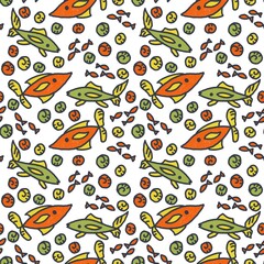 Seamless abstract pattern. Simple background on orange, khaki, yellow, white. Hand drawn. Illustration. Fishes, shells. Designed for textile fabrics, wrapping paper, background, wallpaper, cover.