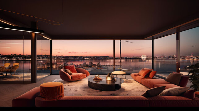 Stylish modern living room with crimson and terracotta accents