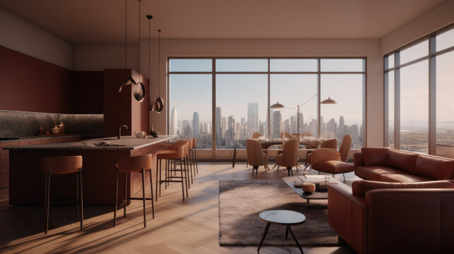 Stylish modern living room with crimson and terracotta accents