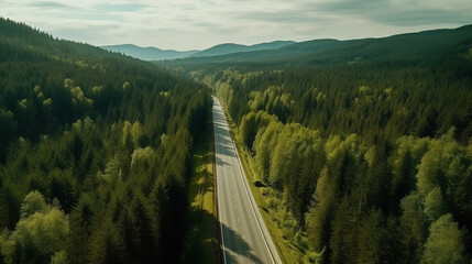 Aerial view on forest road. Illustration AI Generative