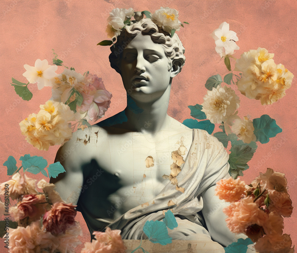 Wall mural collage with antique male sculpture and flowers. ai generated image.