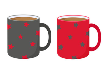 Paired mugs. Red and black coffee mugs. Ceramic mugs with stars. Isolated on white background.	
