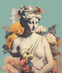 Collage with antique female sculpture and flowers. AI generated image.
