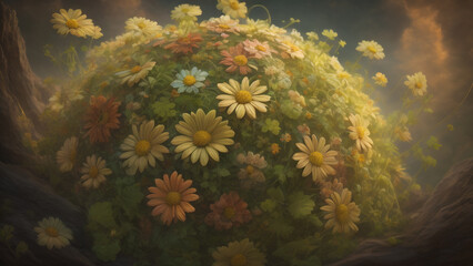 Daisy gerbera flowers magic fantasy background. Generative AI