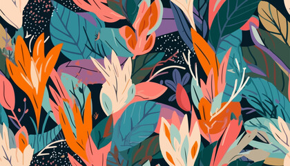 Modern colorful tropical floral pattern. Cute botanical abstract contemporary seamless pattern. Hand drawn unique print - obrazy, fototapety, plakaty