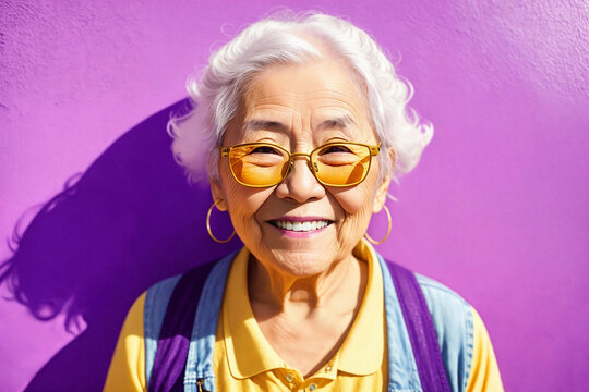 Portrait of an old asian woman with blonde hair and sunglasses on abstract colorful painted wall background, summer vibrancy. Generative AI.