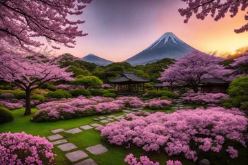 Tuinposter Sakura blossoms in japanese style ornamental garden, beautiful landscape. Generative AI. © soleg