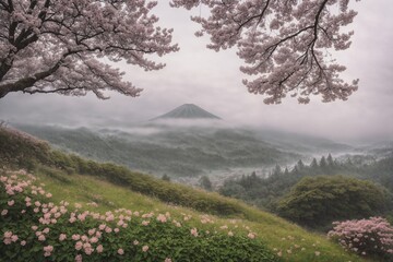 Fototapeta premium Sakura blossoms in japanese style ornamental garden, beautiful landscape. Generative AI.