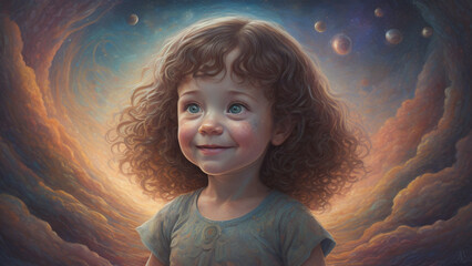 Kid with curly hair on abstract galaxy background. Generative AI
