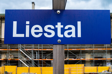 A railway station sign of the town of Liestal, a Swiss municipality and the capital of the canton of Basel-Land